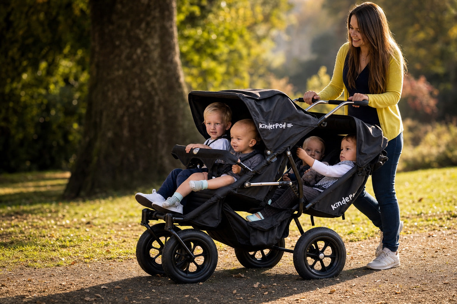 One adult out with four children in a KinderPod